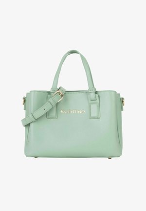 Borsa a mano in pelle verde con dettagli in oro, doppie maniglie superiori, tracolla removibile e marchio impresso sul davanti. Forma quadrata, texture liscia.