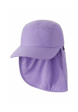 Jasnofioletowy kapelusz przeciwsłoneczny z przednim rondem i długą materiałową klapą zakrywającą szyję dla pełnej ochrony przed słońcem.