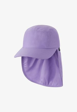 Jasnofioletowy kapelusz przeciwsłoneczny z przednim rondem i długą materiałową klapą zakrywającą szyję dla pełnej ochrony przed słońcem.