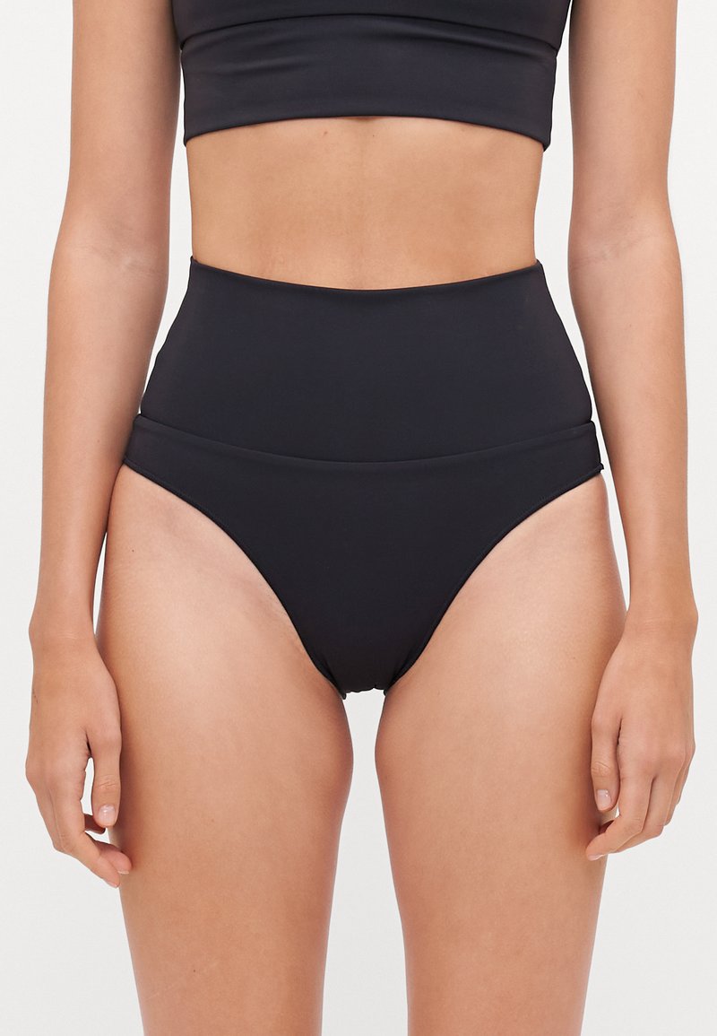 Black high-waisted bikini bottom with a smooth texture and minimalistic design. Features a wide waistband and leg openings with medium coverage.