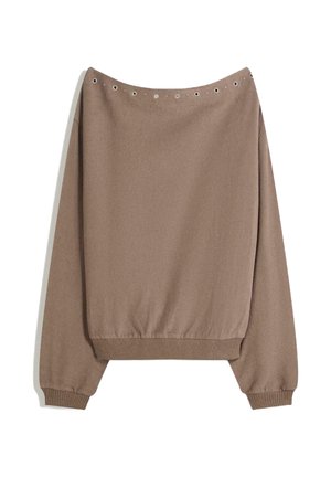 Maglione marrone senza spalle con scollatura ampia, polsini e orlo a coste. Presenta grommets metallici lungo la scollatura. Tessuto morbido al tatto.