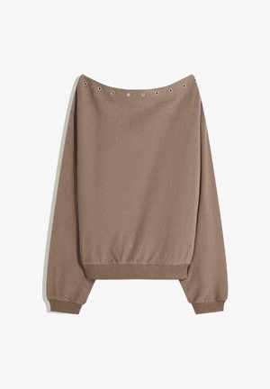 Maglione marrone senza spalle con scollatura ampia, polsini e orlo a coste. Presenta grommets metallici lungo la scollatura. Tessuto morbido al tatto.
