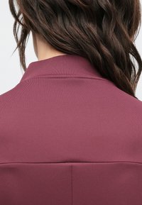 Vinröd blus med en slät textur, utrustad med en spetsig krage, söm-detalj och en lätt glans, sedd bakifrån.