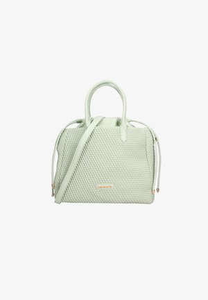 Light green structured handbag made of quilted material. Features dual top handles and a detachable shoulder strap. Gold-tone accents visible.