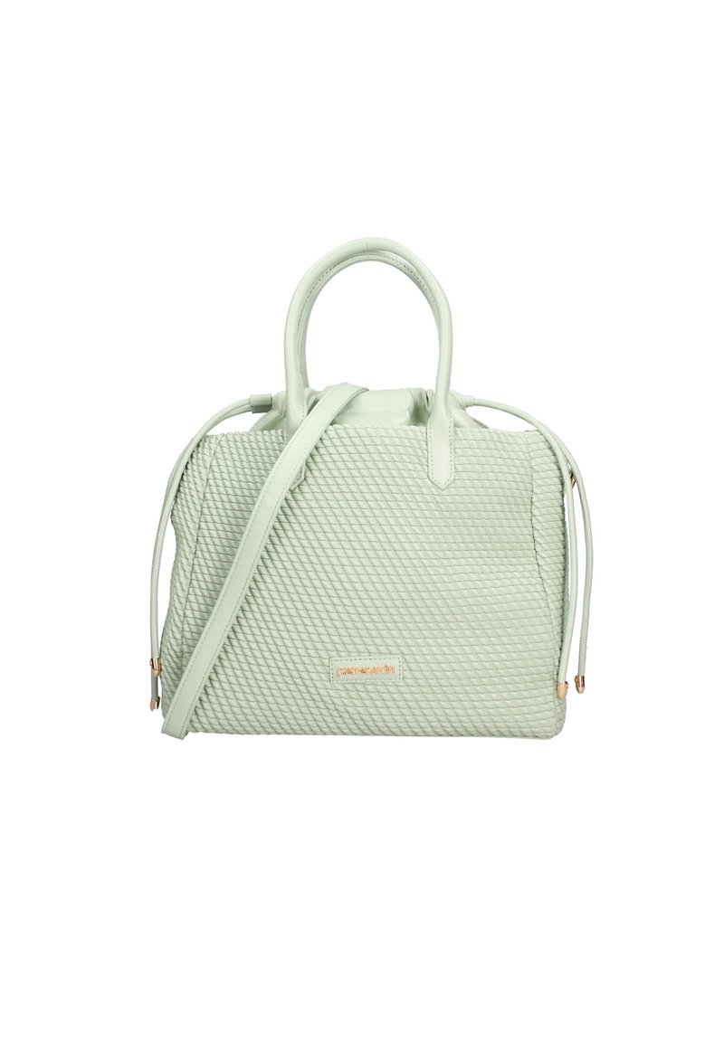 Borsa a mano strutturata verde chiaro in materiale trapuntato. Presenta due manici superiori e una tracolla removibile. Accenti in tonalità oro visibili.