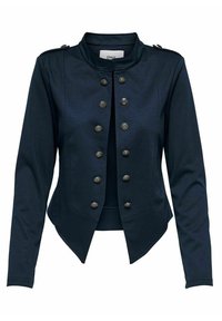 Veste ajustée bleu marine avec un col montant, des boutons en laiton et des épaules structurées. Confectionnée dans un tissu extensible  à la texture lisse.