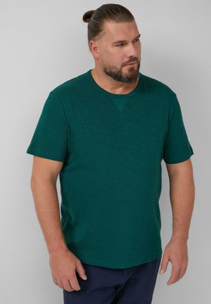 Groene T-shirt met korte mouwen van een gestructureerde stof, ronde halslijn en een iets getailleerd ontwerp. Casual en eenvoudig stijl.