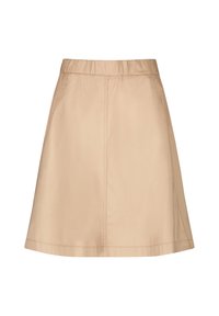 Beige A-linjainen hame, joka on valmistettu puuvillasekoitekankaasta. Siinä on joustava vyötärö ja sileä pinta, jossa on vain vähän saumoja.