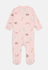 Pink cotton onesie featuring animal prints, including dogs and rabbits, with long sleeves and a round collar. Soft fabric and snug fit.