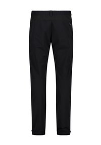 Svarta utomhusbyxor med elastisk midja, tapered fit och elastiska muddar vid anklarna. Slätt, lättviktigt tyg med en enkel design.