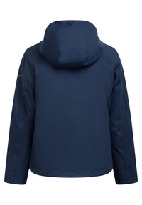 Chaqueta impermeable de color azul marino con capucha, textura suave y mangas largas. Presenta un logo en la manga izquierda y un dobladillo recto.