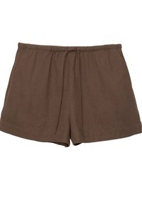 Shorts en lin marron avec une taille élastique et un cordon de serrage. Dotés d'une coupe décontractée et d'échancrures sur les côtés pour plus de liberté de mouvement.
