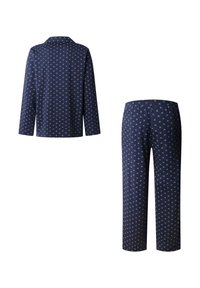 Conjunto de pijama azul marino con camiseta de manga larga y pantalones de cintura elástica, que presenta un pequeño estampado de estrellas blancas en todo. Tejido suave.