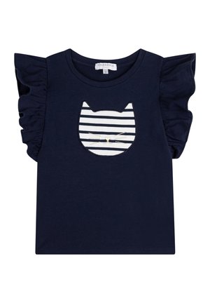 Granatowa koszulka z krótkim rękawem z falbankami, z wzorem twarzy kota, posiadająca białe i granatowe paski, obramowane na biało.