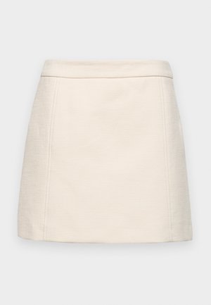 Fustă mini de culoare crem, realizată dintr-un material texturat, având un design simplu, cu cusături neat și o croială dreaptă. Fără închideri vizibile.