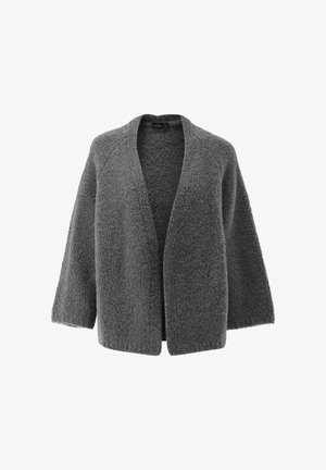 Cardigan grigio aperto davanti, realizzato in lana testurizzata, con maniche a tre quarti e una vestibilità rilassata senza chiusure. Sensazione morbida e calda.