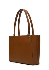 Borsa tote in faux leather marrone con due lunghe maniglie, dettagli in metallo dorato, forma strutturata, texture liscia e design minimalista.