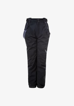 Black ski pants with adjustable straps, a straight cut, reinforced lower legs, and a smooth, waterproof fabric. Suitable for cold weather.
