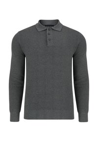 Polo a maniche lunghe di colore grigio scuro, con un motivo testurizzato, colletto classico e патеlletta a tre bottoni. Tessuto a maglia liscia.