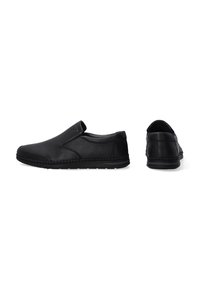 Schwarze Slipper aus strukturiertem Leder mit einem schlichten Design, elastischen Seiteneinsätzen und einer gepolsterten Sohle mit Nahtdetails.