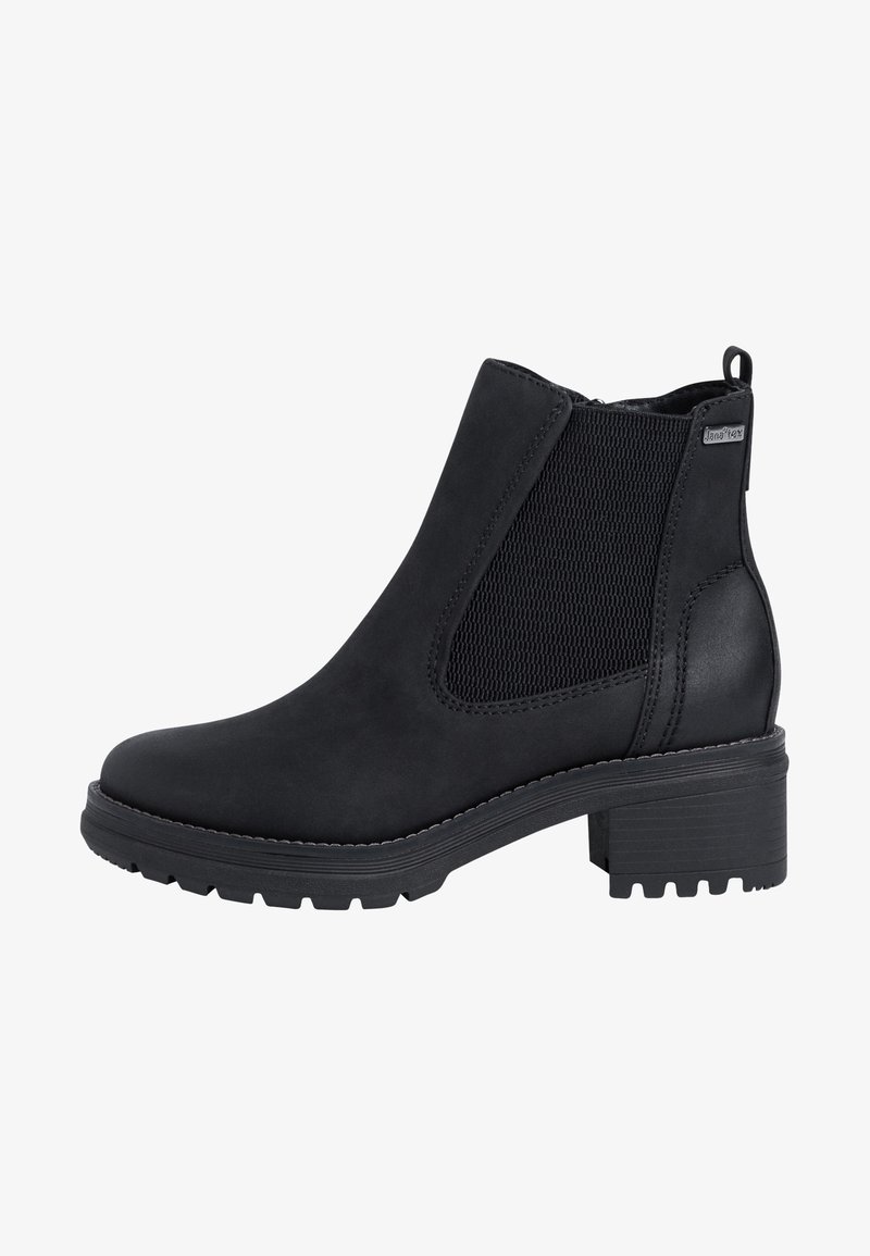 Bottine noire à la cheville avec panneau latéral élastique, languette boucle, talon bloc et semelle en caoutchouc texturée.