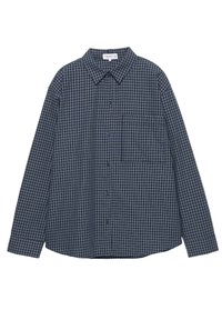 Long-sleeve, button-up shirt in dark navy with a checkered pattern. Made of soft fabric featuring a pocket on the left chest.