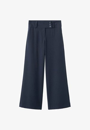 Navy blue wide-leg trousers with high waist, three buttons on the waistband, and belt loops, laid flat on a white background.