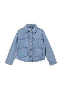 Hellblaue Jeansjacke mit langen Ärmeln, klassischem Kragen, Knopfleiste vorne, zwei Taschen und gesticktem Blumendetail auf einer Tasche.