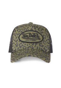 Casquette trucker Von Dutch en imprimé léopard vert et noir, avec un dos en mesh et un patch logo brodé à l'avant.
