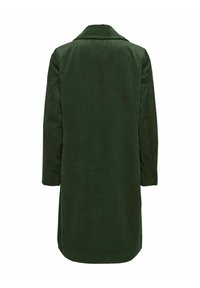 Long manteau en velours côtelé vert foncé avec col, vu de dos, avec manches longues et un ourlet droit.