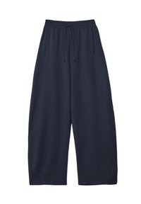 Marineblaue Sweatpants mit weitem Bein, elastischem Bund und Kordelzug. Weicher Stoff mit seitlichen Taschen; gerader Schnitt ohne Muster.
