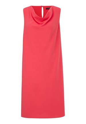 Ärmelloses Kleid aus lebhaftem Korallenstoff mit einem Cowl-Ausschnitt und einem Schlüssel-Loch-Detail im Rücken. Geschmeidige Textur, knielange A-Linie.