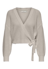 Pull enveloppant beige clair en maille avec un col en V, des manches longues et une taille nouée. Présente des motifs texturés et des poignets côtelés.