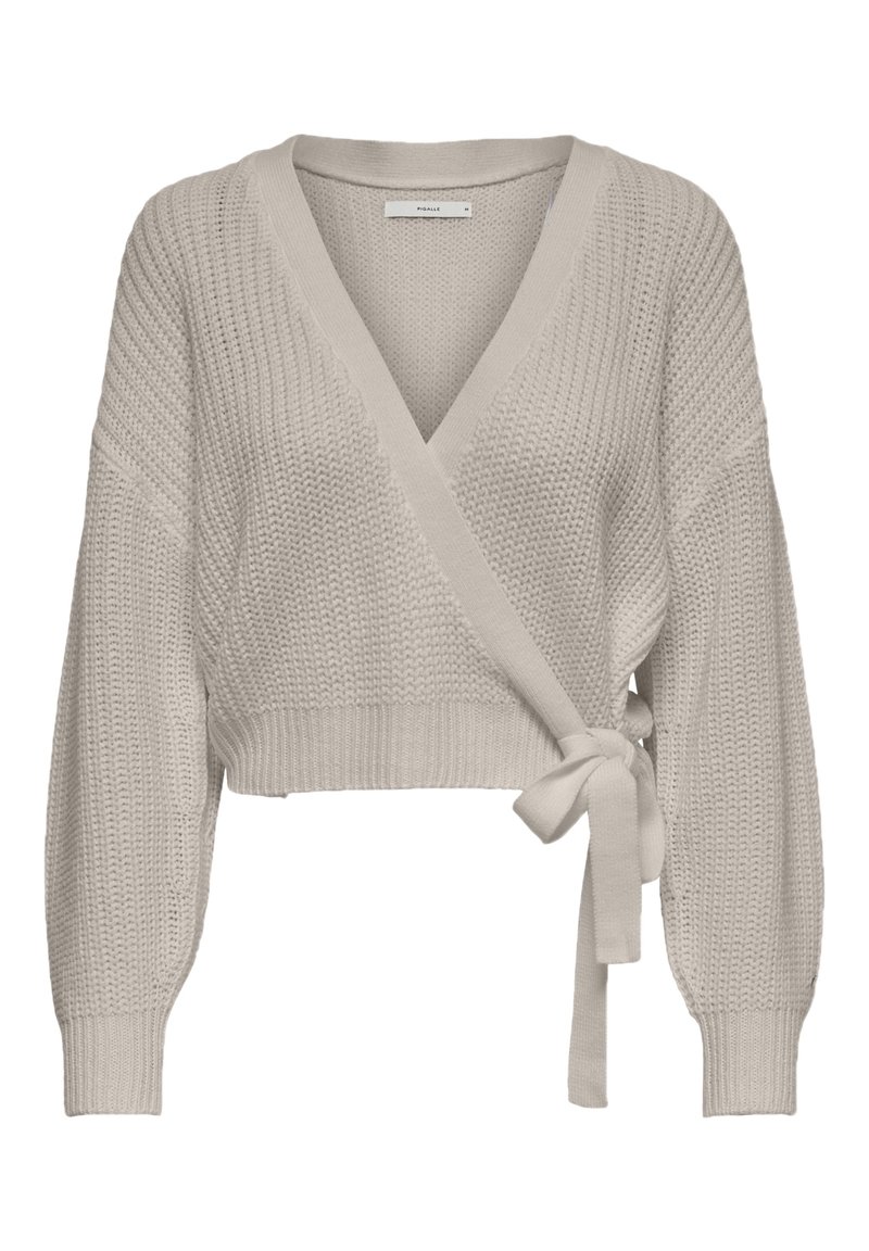 Pull enveloppant beige clair en maille avec un col en V, des manches longues et une taille nouée. Présente des motifs texturés et des poignets côtelés.