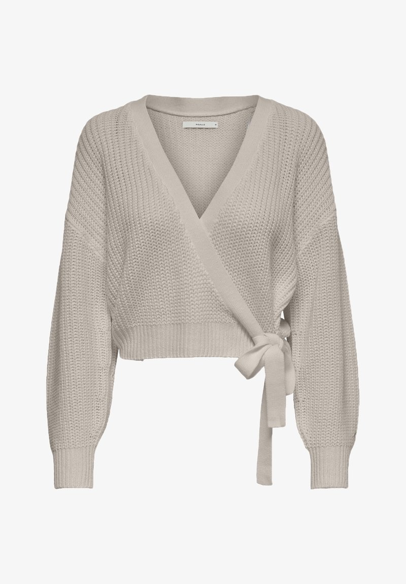 Pull enveloppant beige clair en maille avec un col en V, des manches longues et une taille nouée. Présente des motifs texturés et des poignets côtelés.