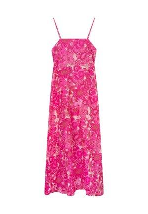 Roze bloemenjurk met dunne bandjes, voorzien van een patroon van grote bloemen en bladeren, gemaakt van lichtgewicht stof, knielengte ontwerp.