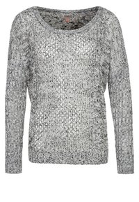 Maglione lavorato a maglia in tonalità di grigio con una vestibilità ampia, scollatura larga e maniche lunghe. Presenta un motivo a punto aperto strutturato su tutta la superficie.