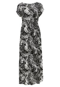 Maxi jurk met een zwart-wit bloemenpatroon, korte mouwen, een geplooide taille en een gladde stofstructuur.