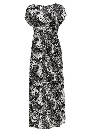 Maxi jurk met een zwart-wit bloemenpatroon, korte mouwen, een geplooide taille en een gladde stofstructuur.