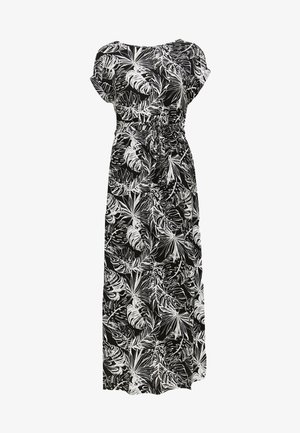 Abito lungo con un motivo floreale bianco e nero, maniche corte, vita arricciata e una trama del tessuto liscia.