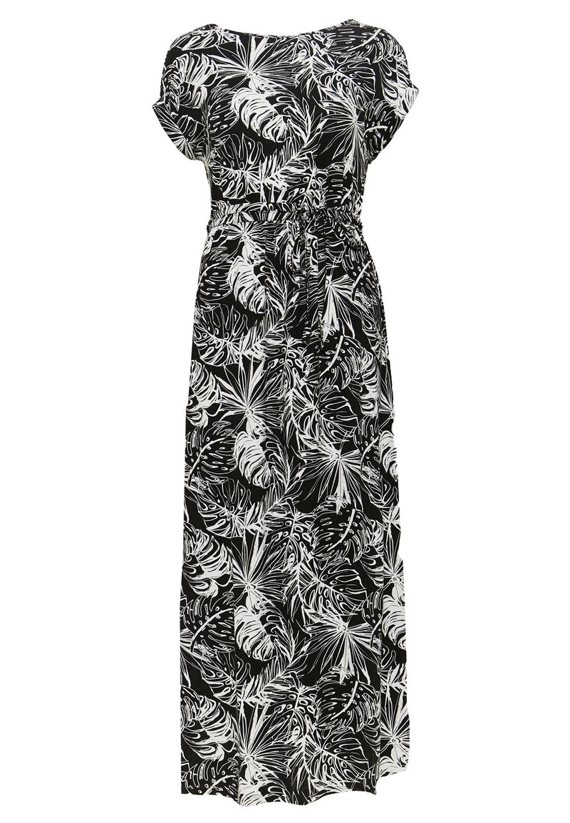 Maxi jurk met een zwart-wit bloemenpatroon, korte mouwen, een geplooide taille en een gladde stofstructuur.