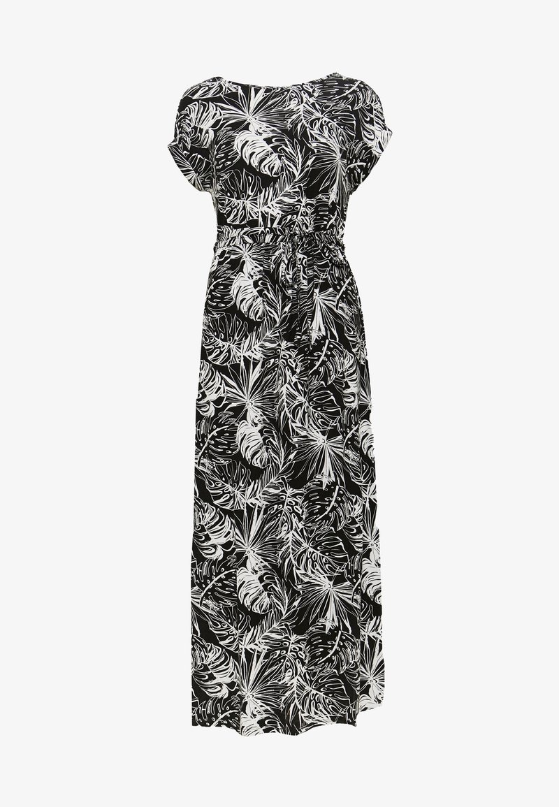 Maxi jurk met een zwart-wit bloemenpatroon, korte mouwen, een geplooide taille en een gladde stofstructuur.