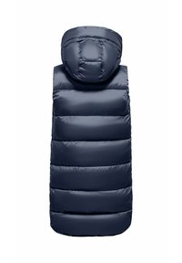 Gilet imbottito blu navy con cappuccio. Presenta sezioni trapuntate per l'isolamento e una superficie liscia e lucida. Design senza maniche.