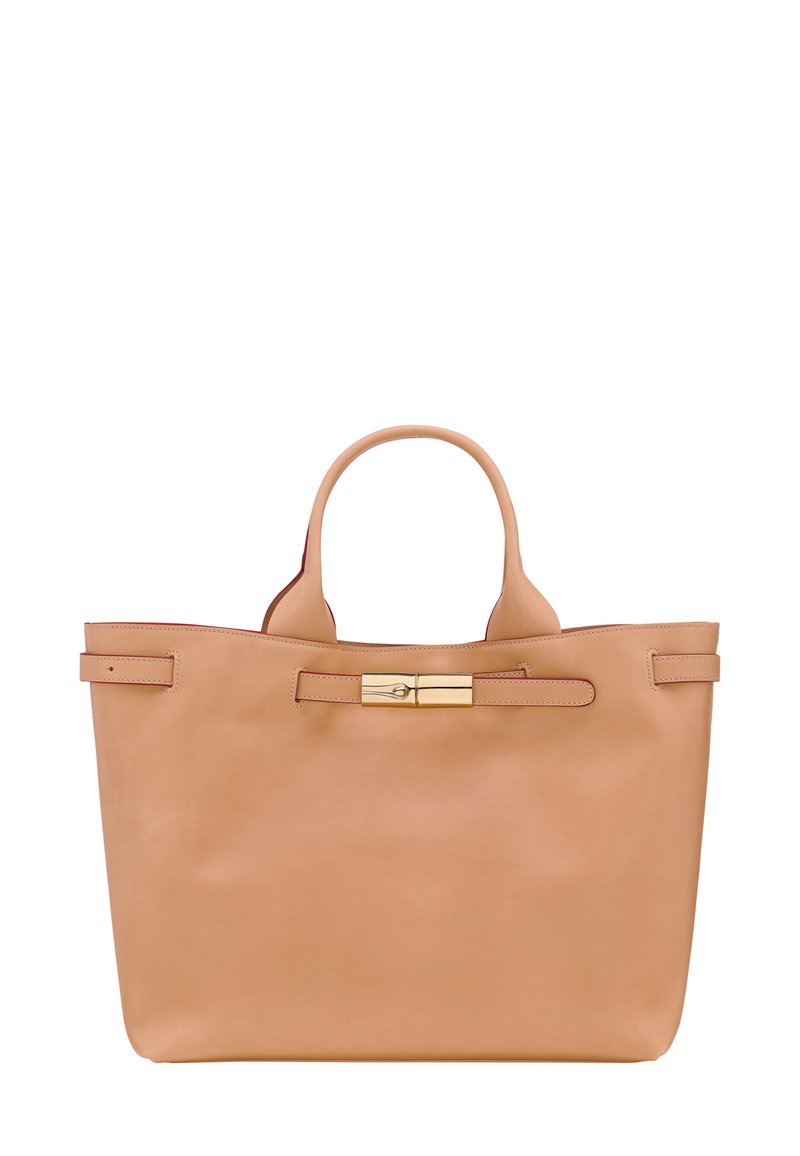 Tan leather tote bag with two top handles, a gold-tone clasp, and minimal stitching, featuring a smooth texture and open design.