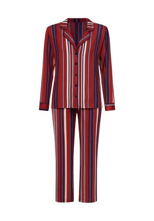 Rood, marineblauw en wit verticale gestreepte pyjamablouse met lange mouwen en knopen, met bijpassende lange broek.