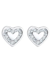 Silver heart-shaped earrings adorned with small clear crystals around a central heart cutout, reflecting light with a polished finish.