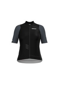Short-sleeve cycling jersey in black and dark gray, featuring a front zipper, textured sleeves, and side branding. Made from performance fabric.