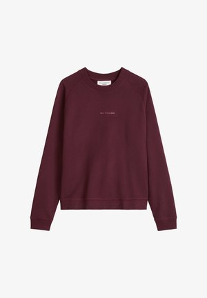 Sweat-shirt bordeaux à col rond avec manches longues, poignets et ourlet côtelés, avec petit logo blanc « Marc O'Polo DENIM » sur la poitrine.
