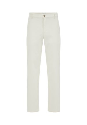 Pánske béžové nohavice s úzkym strihom, s pútkami na opasok, zapínaním na gombík a bočnými vreckami, zobrazené na jednoduchom bielom pozadí.