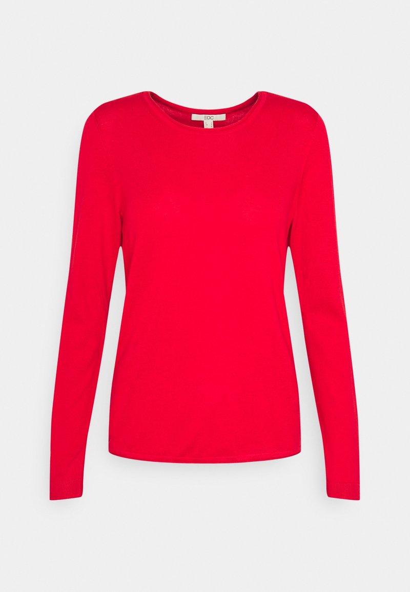 T-shirt à manches longues de couleur rouge vif, col rond, en tissu lisse, avec une silhouette ajustée et un design simple sans motifs.